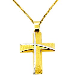 Χρυσός βαπτιστικός σταυρός διπλής όψης Κ14 με αλυσίδα